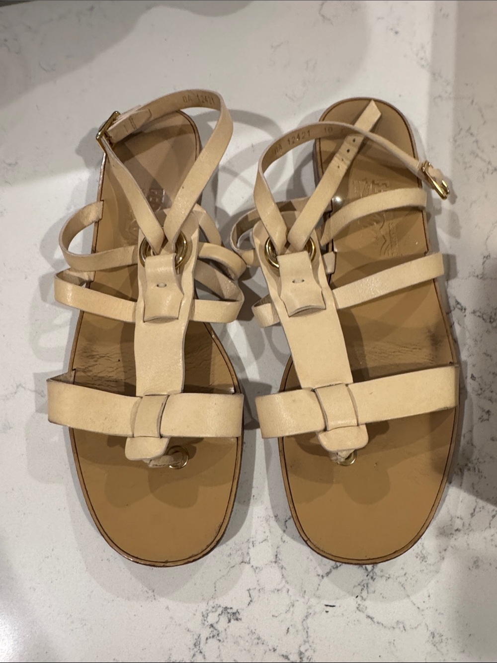 Salvatore Ferragamo Cream Leather Strappy Flat Sandals
